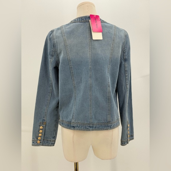 Ma Cherie Light Wash Denim Jacket with Gold Crest Buttons Chic Military Style - Picture 9 of 15